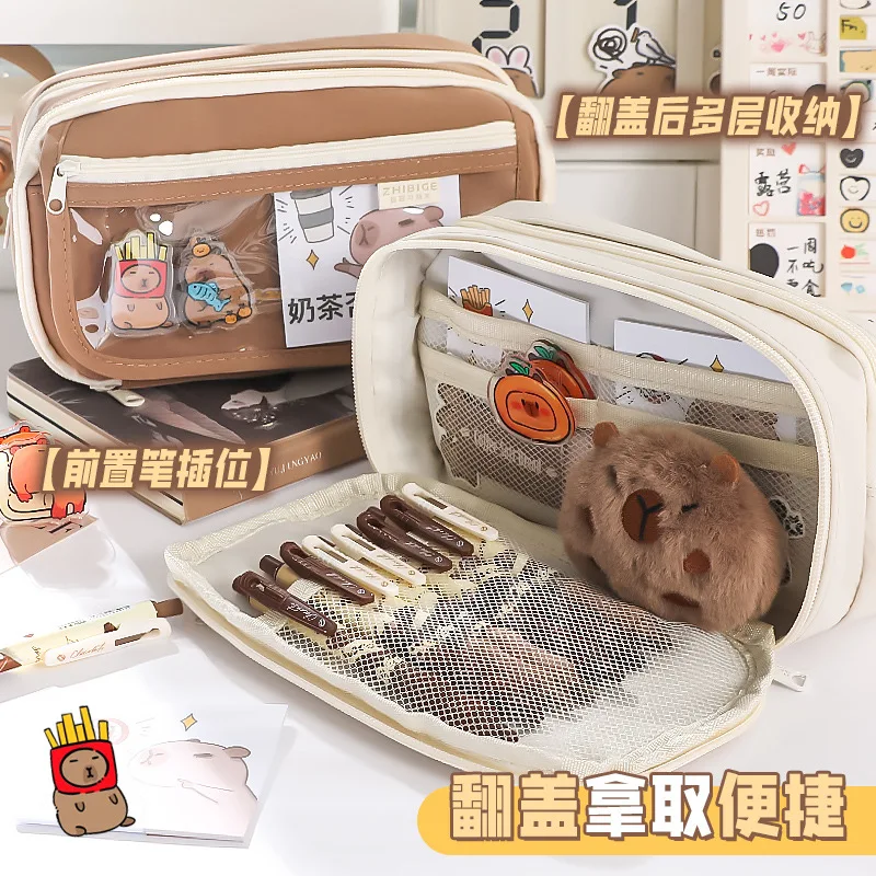 Sweet Cartoon Capybara Flip Pencil Pouch Front Pen Slots Multi Layer Storage Clear Window Design School Supplies Pen Bag