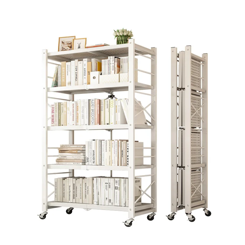 

Installation-free children's bookshelf shelf folding movable wheeled shelf display rack simple wrought iron picture book rack