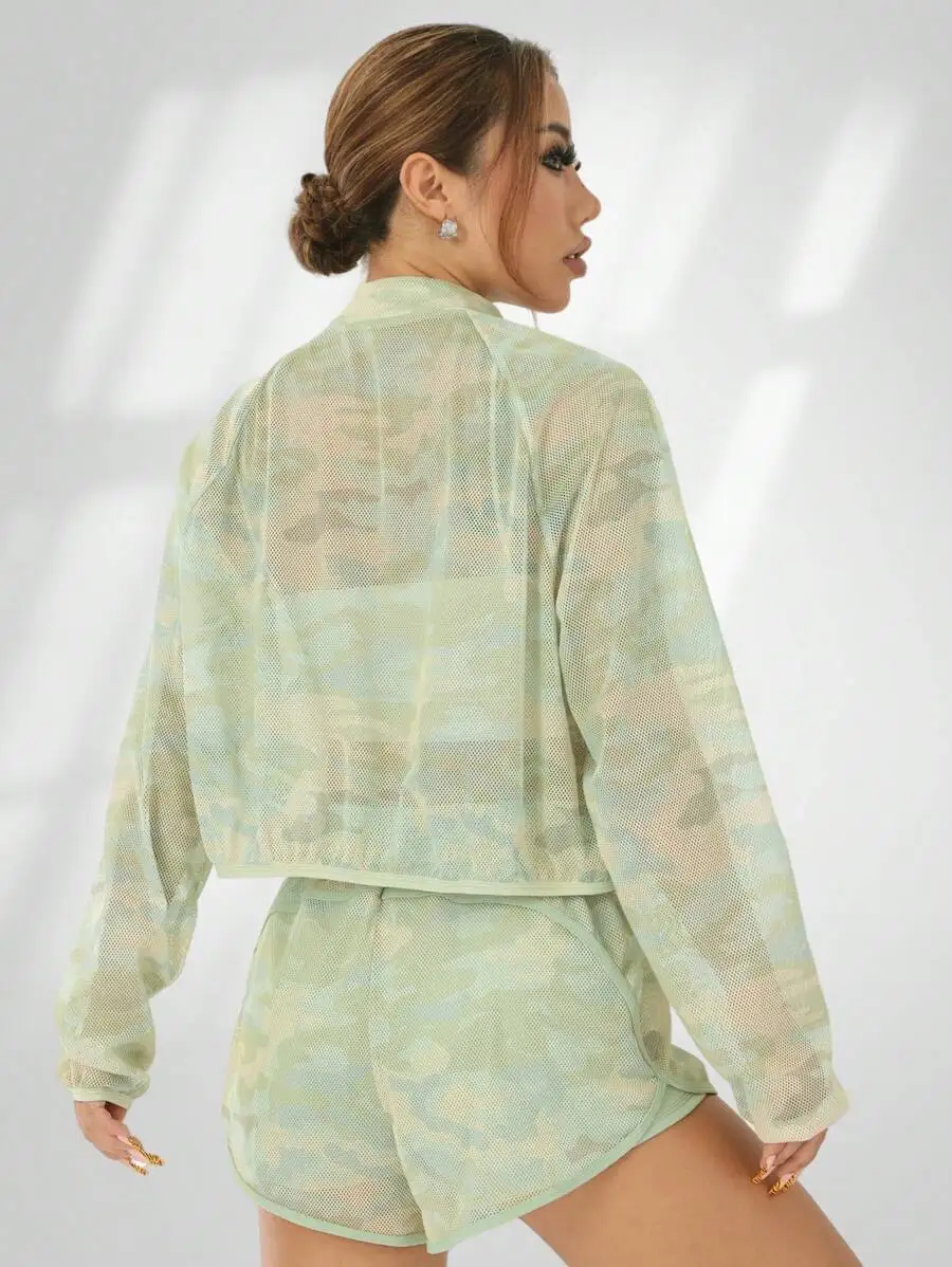 

Women Sheer Camouflage Print Long Sleeve Jacket And High Waist Shorts Set For Yoga Running Outdoor Exercise