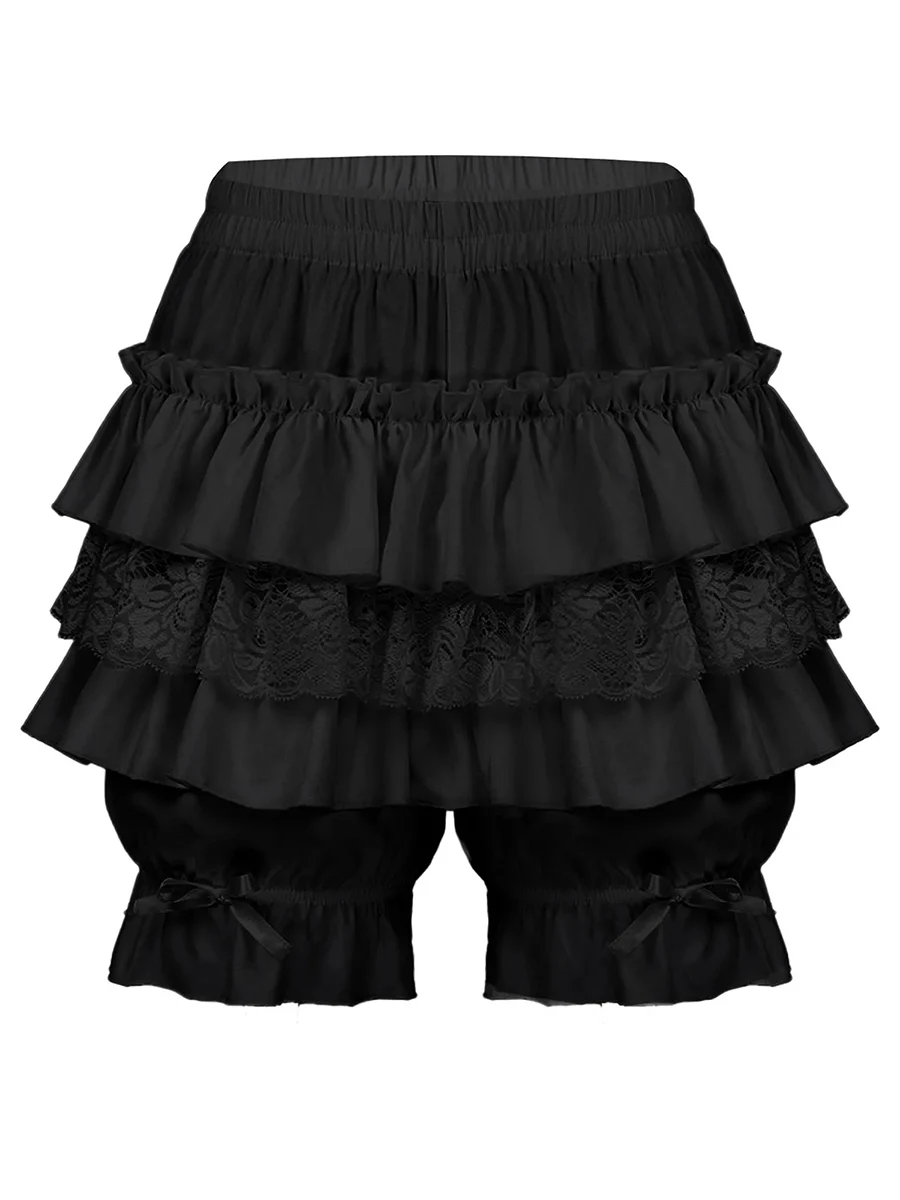 Women Summer Casual Lolita Shorts With Lace Patchwork Decoration Pleated Elastic Waist Shorts Suitable for Beach Street Clothing