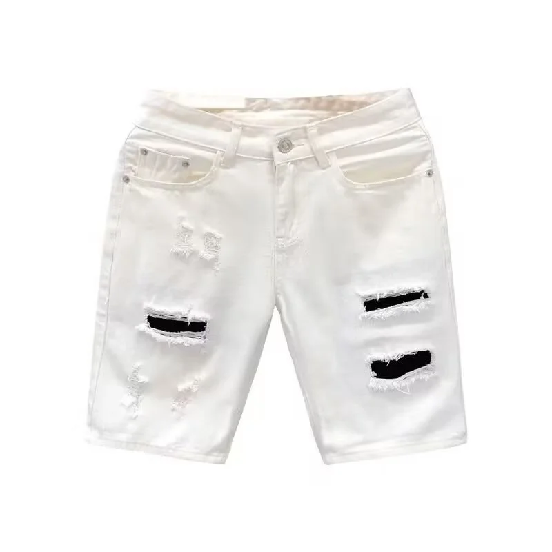 Summer Men Worn Hole Denim Shorts Fashion Brand Loose Straight White Short Pants