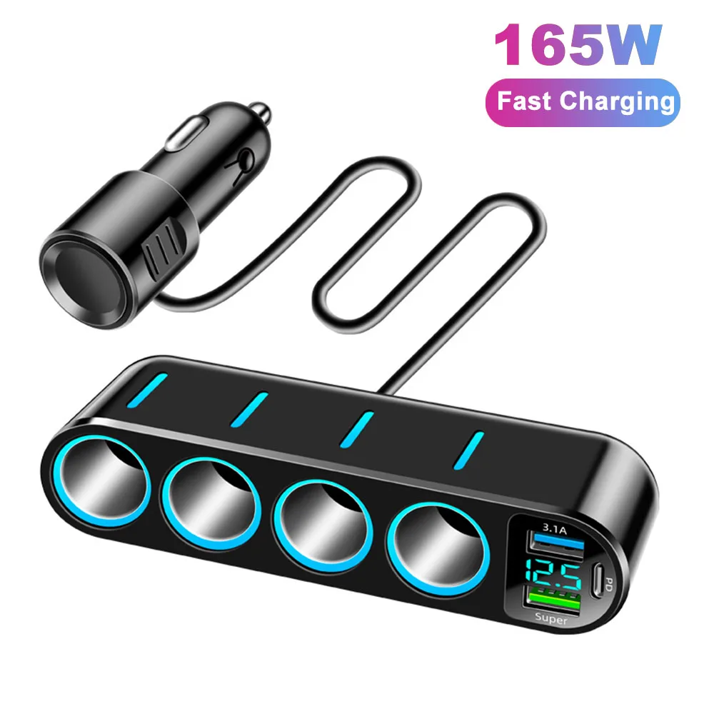 Divisor de isqueiro 7 em 1, 165w pd qc3.0, adaptador de carregador de carro qc3.0 com display de tensão led, soquete de isqueiro de carro