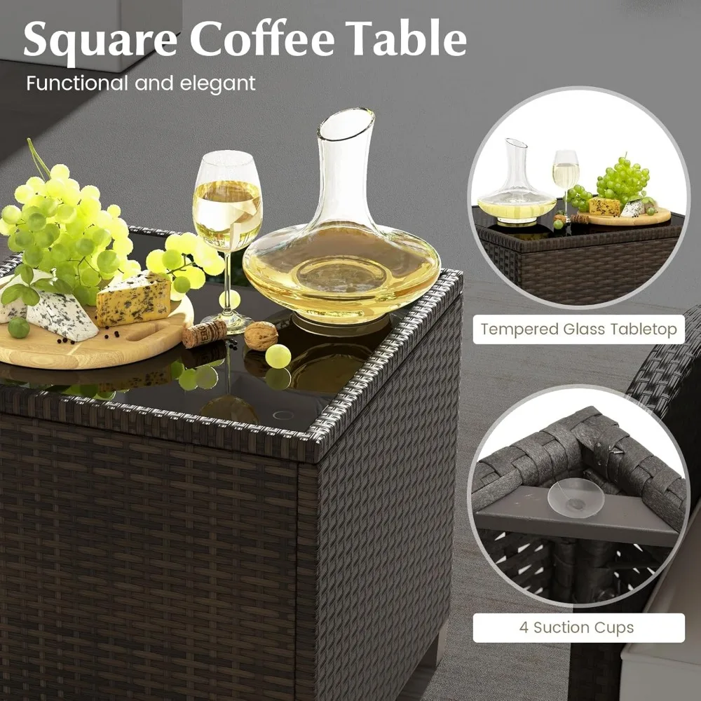 5-Piece Rattan Conversation Set, Outdoor Sofa, Tempered Glass Coffee Table & Ottomans for Small Space, Boho Chic Indoor/Outdoor