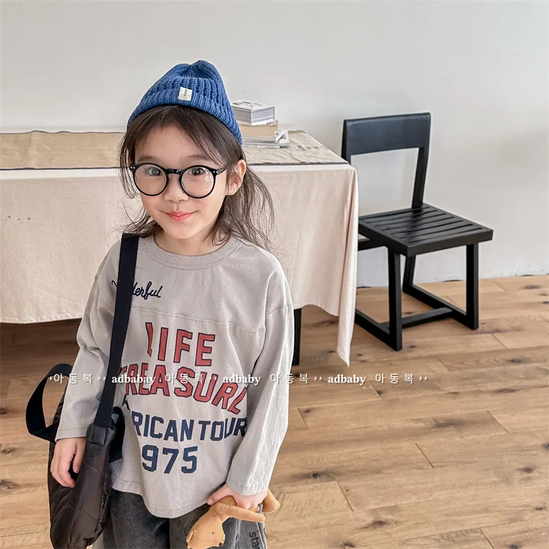 

2024 Spring New Children Long Sleeve T Shirts Boys Girls Cotton Casual Tees Toddler Letter Print Bottoming Tops Kids Clothes