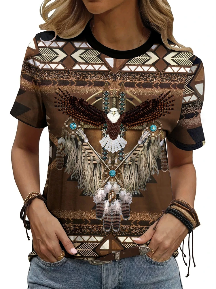 

Feather Printed Round Neck Loose T-Shirt Short Sleeve Comfortable Top Women's T-Shirt Daily Wear Tops Versatile T-Shirt