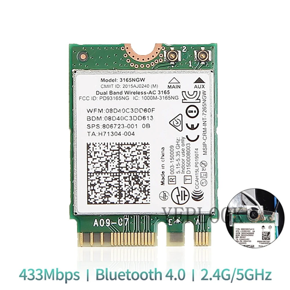 AC3165 3165NGW 433Mbps Dual Band 2.4Ghz e 5Ghz Bluetooth 4.0 802.11ac NGFF M.2 Cartão Wifi para HP ProBook 430 440 450 820 840 G3