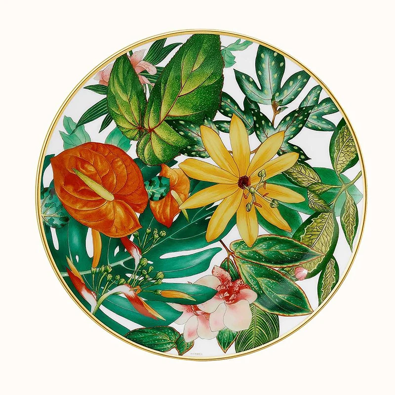

Western Bone China Round Plate Forest Dessert Series Set Leaves, flowers, Restaurant and Home Use Coffee Bowl