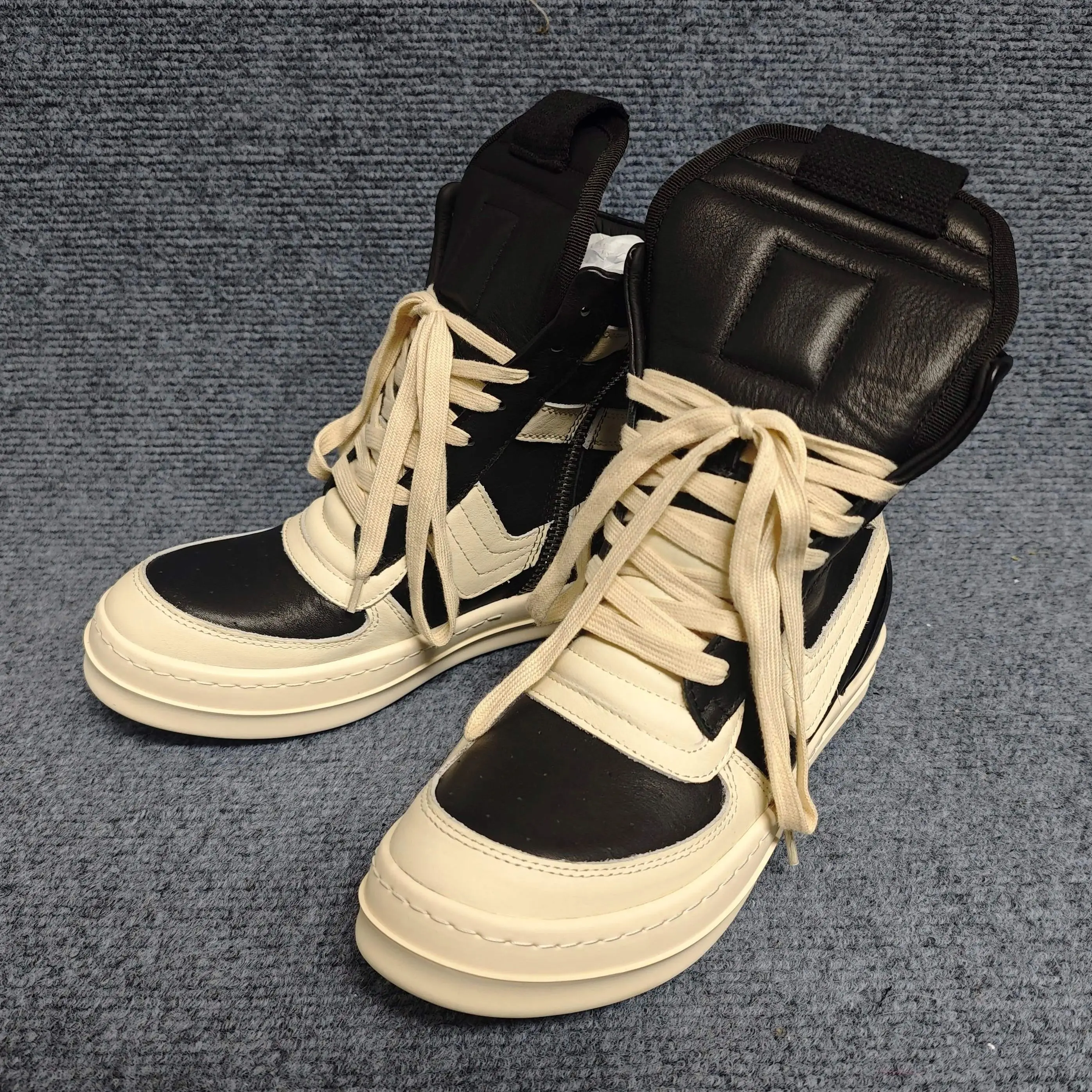 2026 New Big Triangle Genuine Leather High‑Top Casual Sneakers Color Blocking Side Zipper Couple Platform Height‑Boosting Shoes