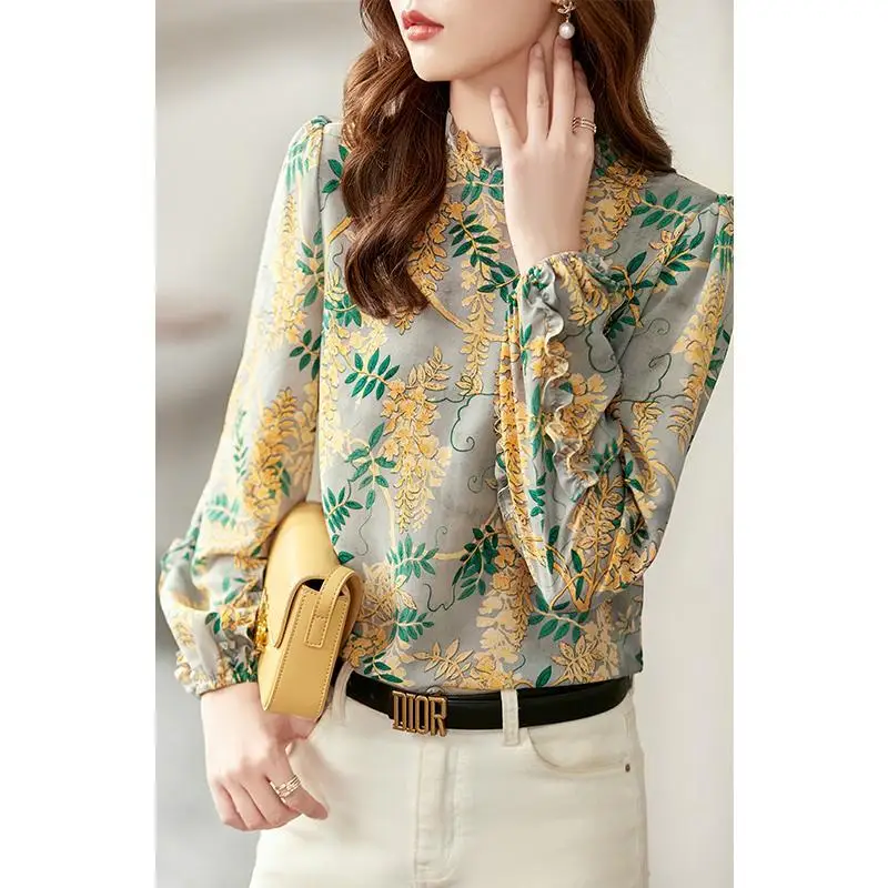 Mode Blumen druck elegante schicke süße Rüschen Stand Kragen Chiffon Top Bluse Frauen lässig Langarm schlanke Hemden Blusas Mujer