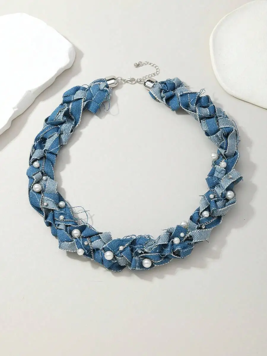 

Upcycled Denim Braided Choker Necklace With Pearl Accents, Handcrafted Western Punk Statement Piece For Casual Or Evening Wear