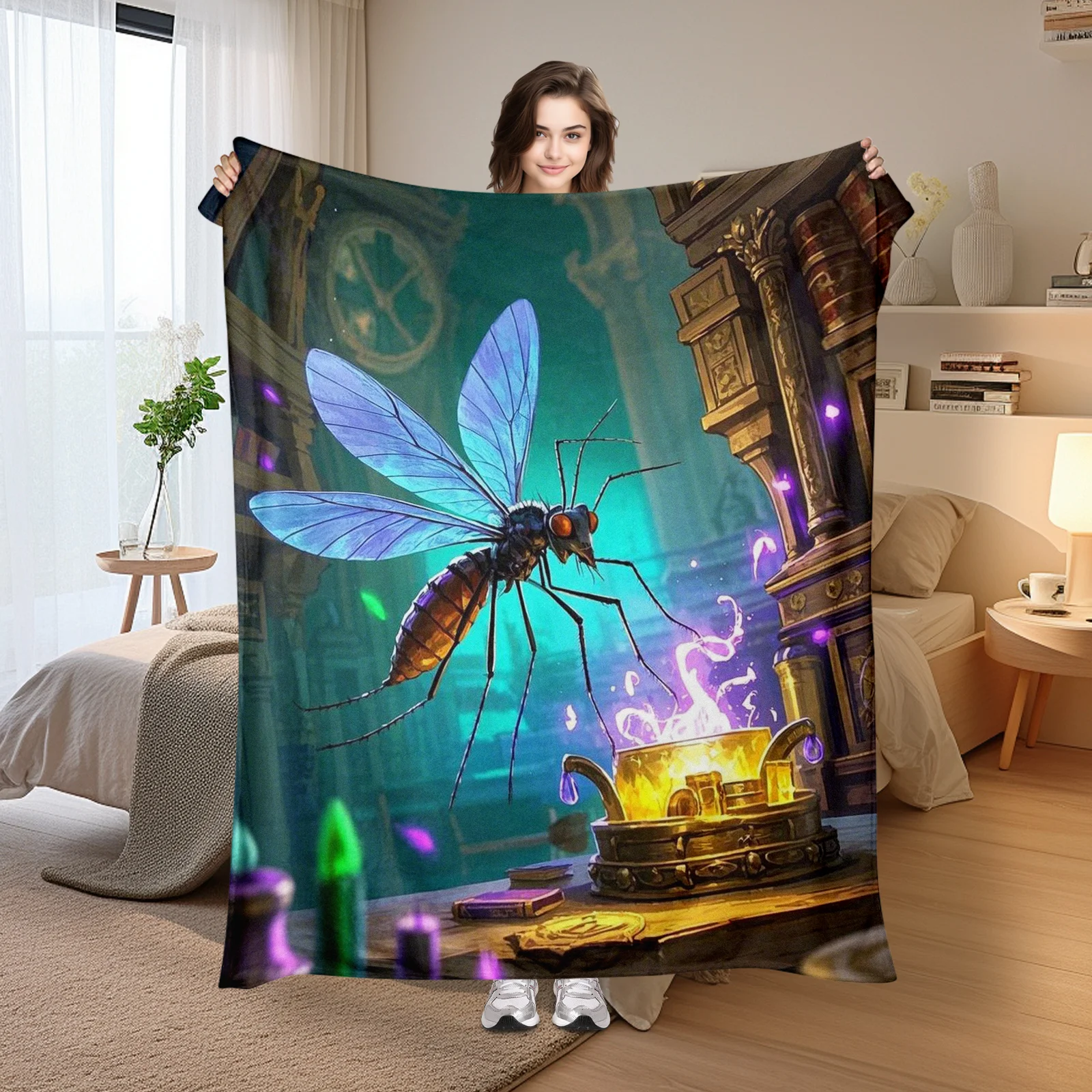 

Mystical Mosquito Blanket With Glowing Light Church Silhouette And Green Hues For Haunting Decor Style