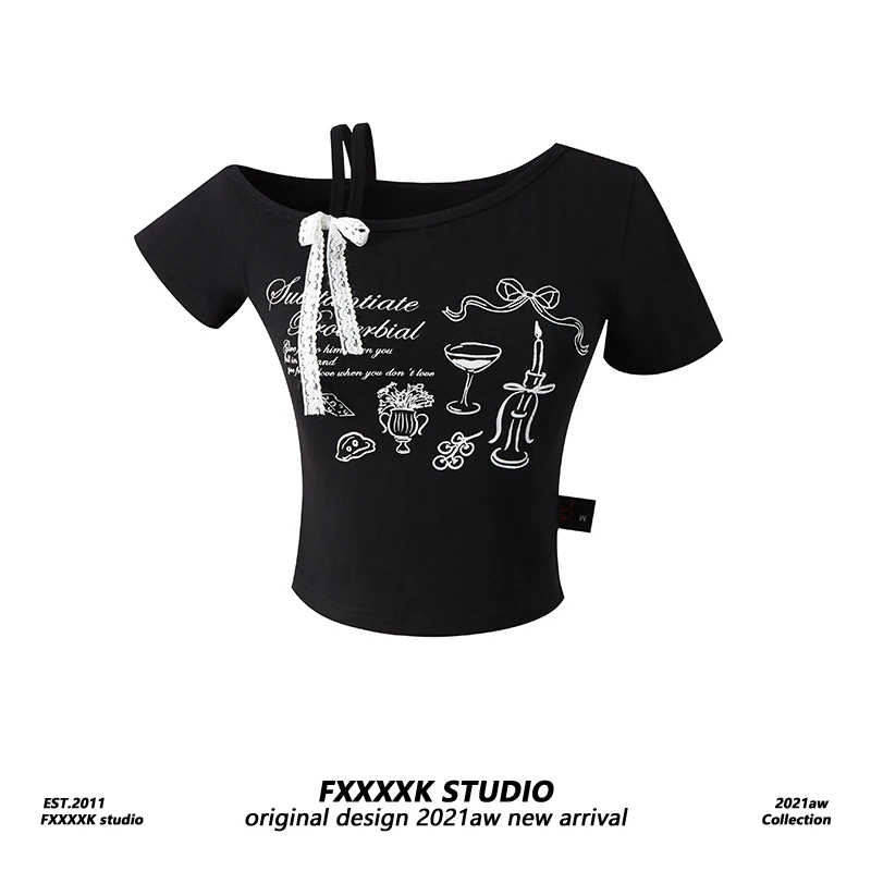 

FXK Original Korean Sle Sweet Cool ort Sve T-irt Lace Knot Print Slimming oulder Baring ort Top