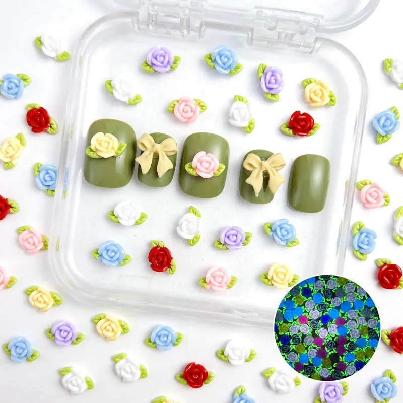 30PCS Resin Rose Nail Art Decorations Minimalist Luminous Flower Green Leaf Nail Charms Manicure DIY Charm Crafts