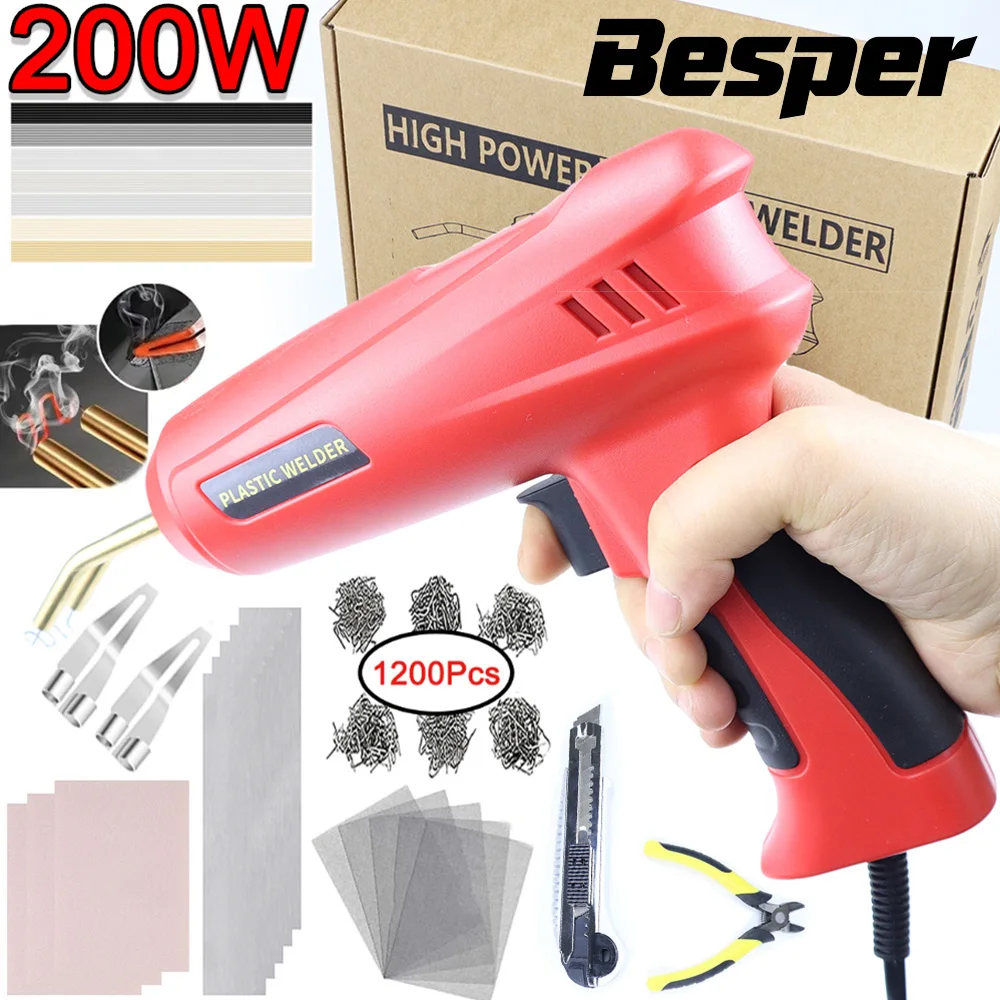 

Сварочный аппарат для пластика Besper 200 Вт, комплект для сварки пластика 2 в 1, сварочный аппарат для ремонта пластика, горячий степлер, паяльный пистолет, ремонт пластика бампера автомобиля