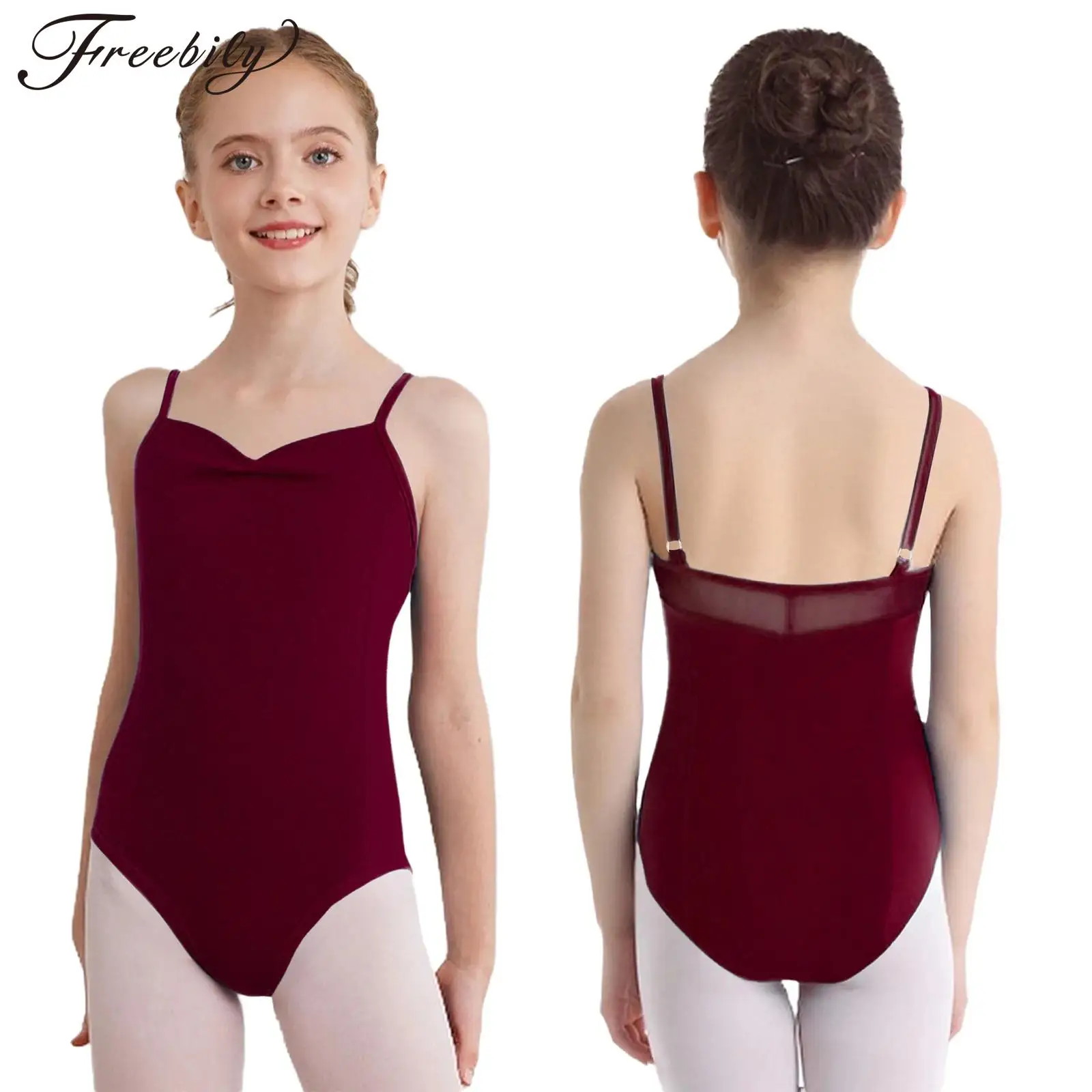 Girls Classic Ballet Dance Leotards Spaghetti Straps Backless Ruched Gymnastic Bodysuit for Kids Ballerina Yoga Workout Training