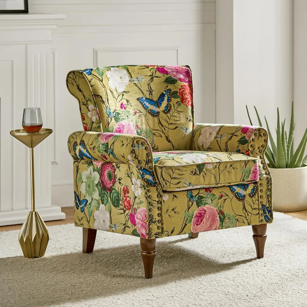 

Modern Accent Chair with Wooden Legs & Nailhead Trim, Floral Pattern Fabric Sofa Chair for Living Room Bedroom,