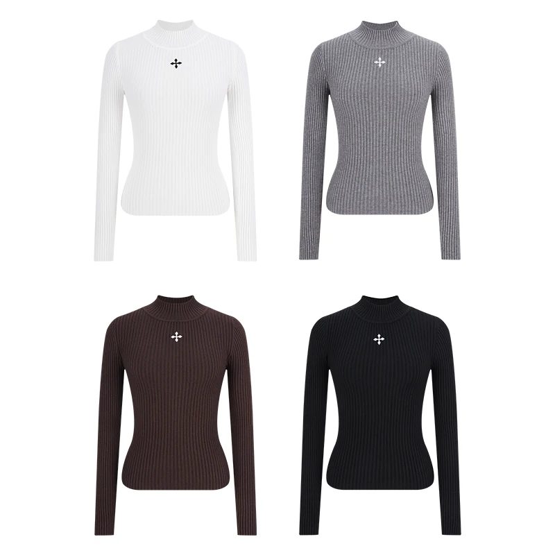 Herbst Winter Damen Lange Sve Gestrickte Logo Stickerei Basis Irt Innenbekleidung Oberbekleidung Bequeme weiche Faser Top