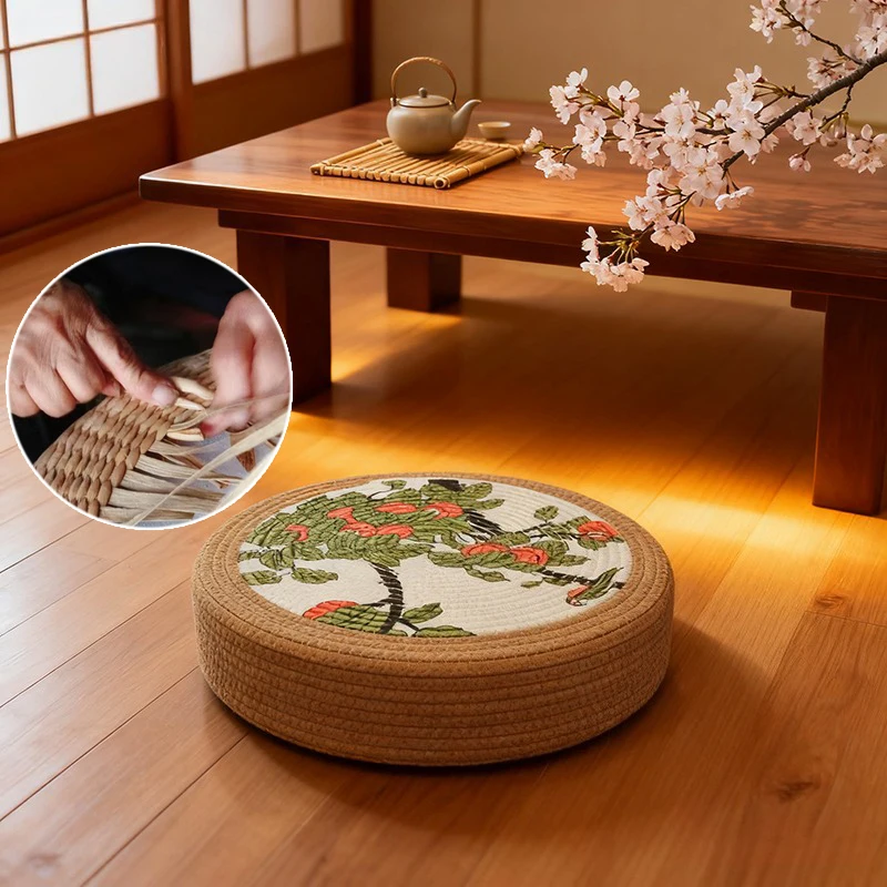 Japanese Style Natural Rattan Floor Cushion Round Straw Seat Pad Thick Woven Mat for Patio Poolside Porch Coastal Living Room