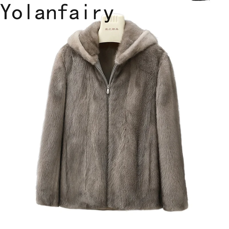 

YOLANFAIRY Пальто из натурального норкового меха Мужская зимняя роскошная куртка из цельного норкового натурального меха с капюшоном Короткие серые шубы Chaqueta Hombre