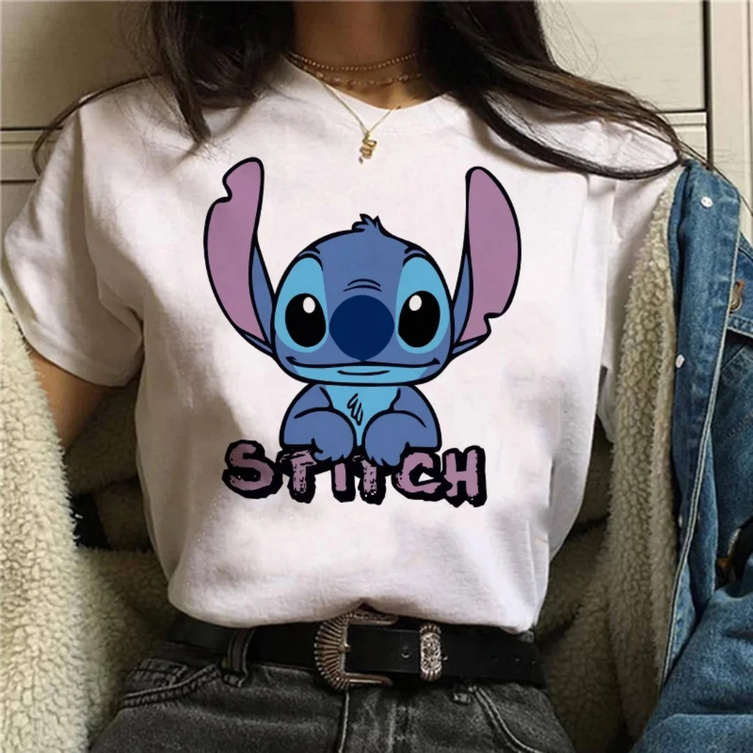 เสื้อยืดฤดูร้อนพิมพ์ลายลิโลและสติทช์สำหรับผู้หญิง เสื้อลำลองสำหรับผู้หญิง สวมใส่สบายสำหรับแฟชั่นชายหาดทุกวัน