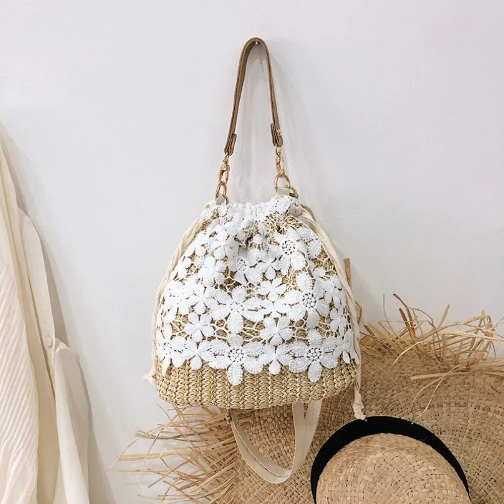 

Vintage Lace Straw Shoulder Bag Flower Hollow Weave Tote Bag Bucket Bag Large Capacity Beach Handbag Students