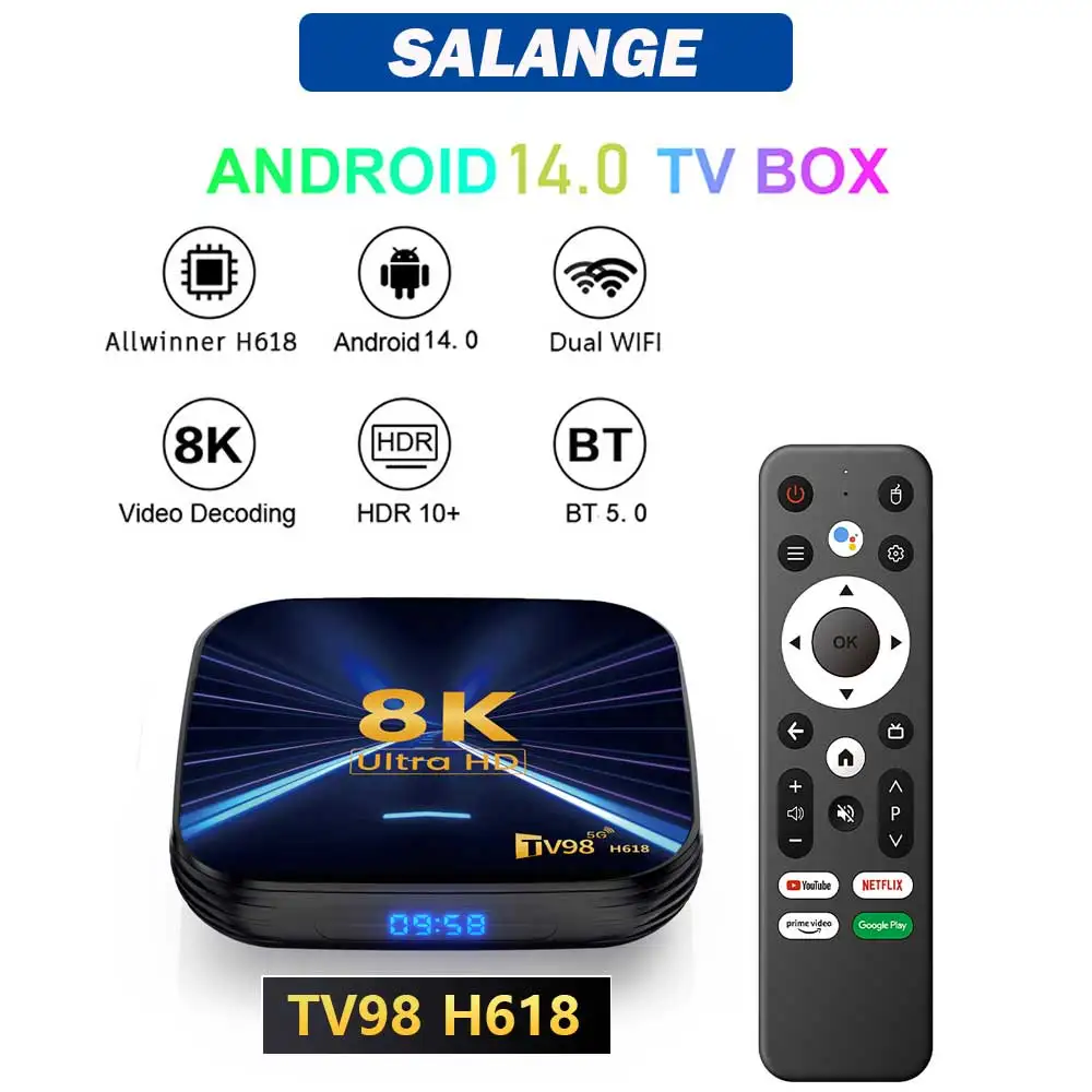 صندوق تلفاز Salange TV98 H618 بدقة 8K Ultra HD يدعم أكثر من 4000 تطبيق في متجر Google Play، نظام تلفاز ذكي يعمل بنظام Android، متوافق مع HDMI