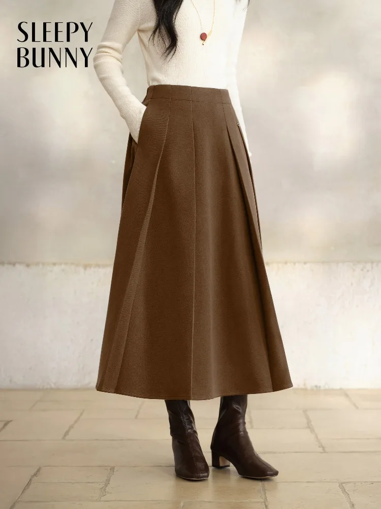 

Vintage Pleated Skirt for Women Elegant High-Waist Midi Skirt Lady Retro A-Line Wool-Like Winter Bottoms Daily Casual Outfits