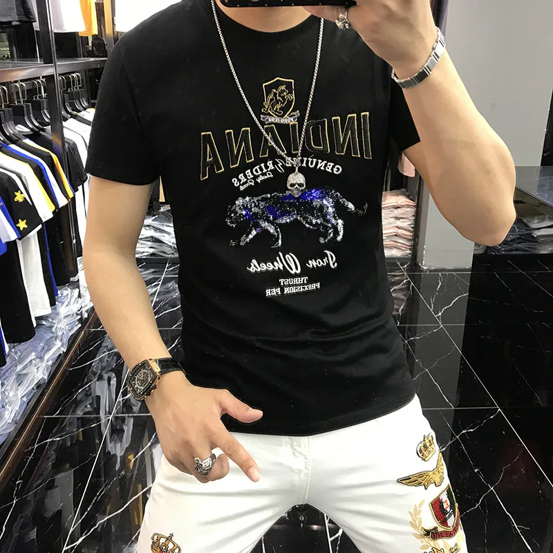 Men\'s T-shirt Personalized Trend Leopard Sequin Embroidery 2022 Summer New Design Tops Red Yellow Male Tees Heavy Craft Clothing