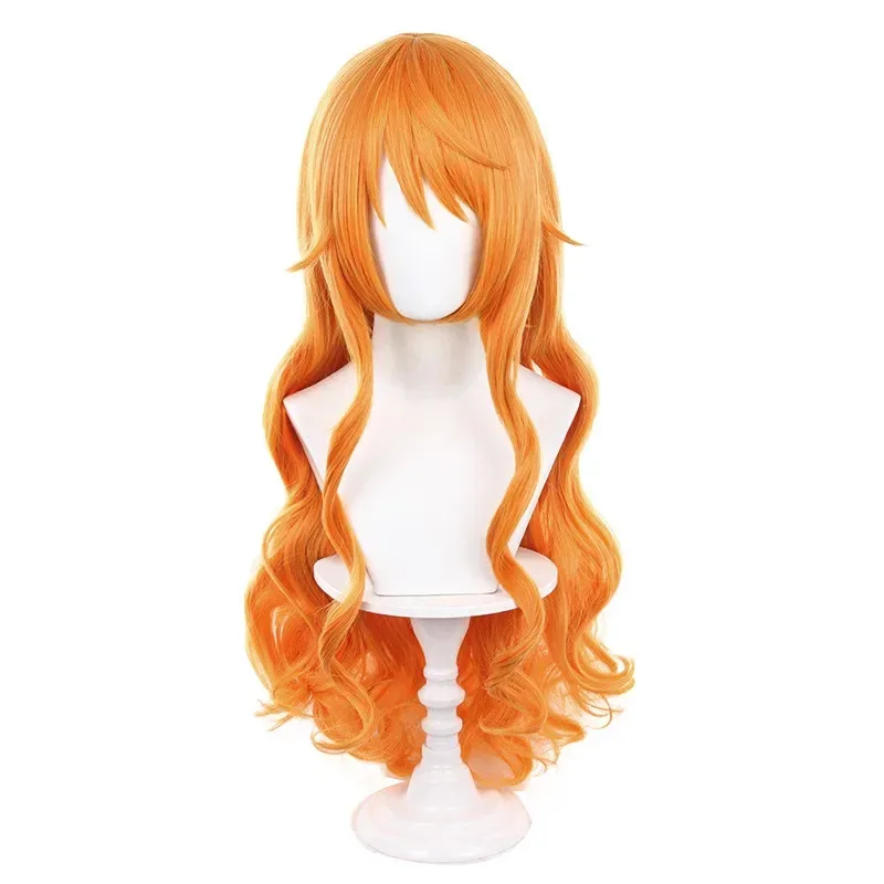 2025 aaa أنيمي 1 قطعة شعر مستعار تأثيري طويل برتقالي مجعد نامي الباروكات مقاومة للحرارة الشعر الاصطناعية هالوين + قبعة #5