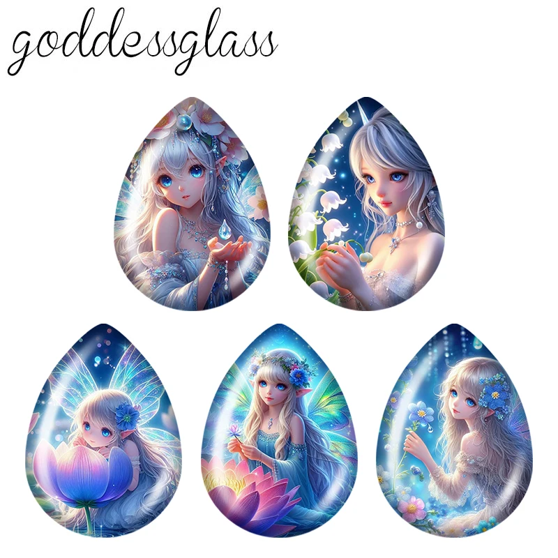 5pairs Anime Style Cartoon Fairy Girl Flower Tear Drop Glass cabochon flat back DIY Earrings Jewelry Making Findings Accessories