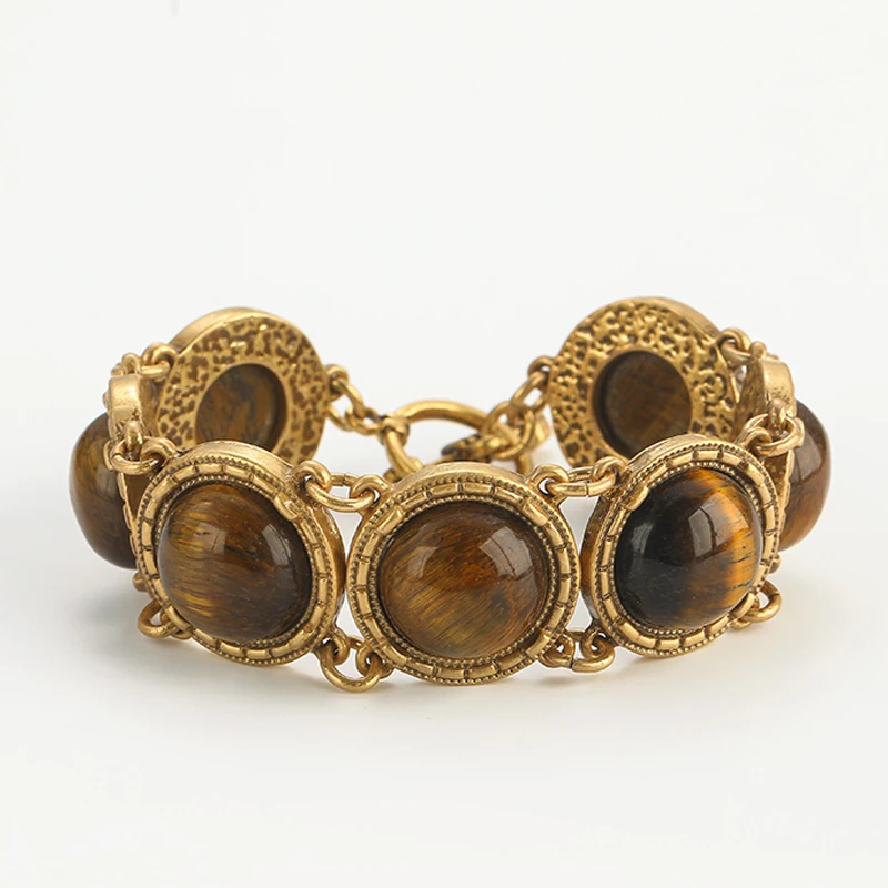 Vintage Adjustable Tiger's Eye Chain Bracelet - 18K Gold Plated Engraved Jewelry Gift for Women