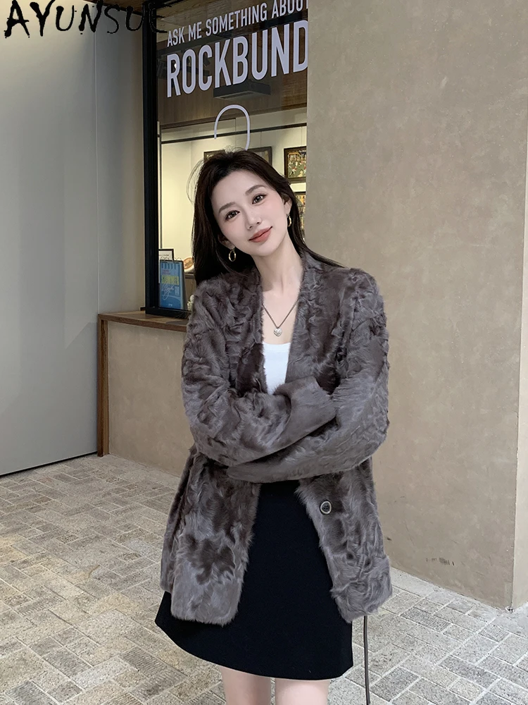 AYUNSUE 2025 양면 Shearling 자켓 여성 v 넥 천연 양모 럭셔리 자켓 여성 의류 느슨한 진짜 모피 자켓