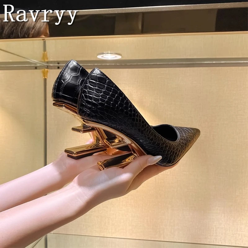 Pointed Toe Shaped High Heeled Pumps Women Genuine Leather Shallow Wedges Singles Shoes Fashion New Office Lady Shoes