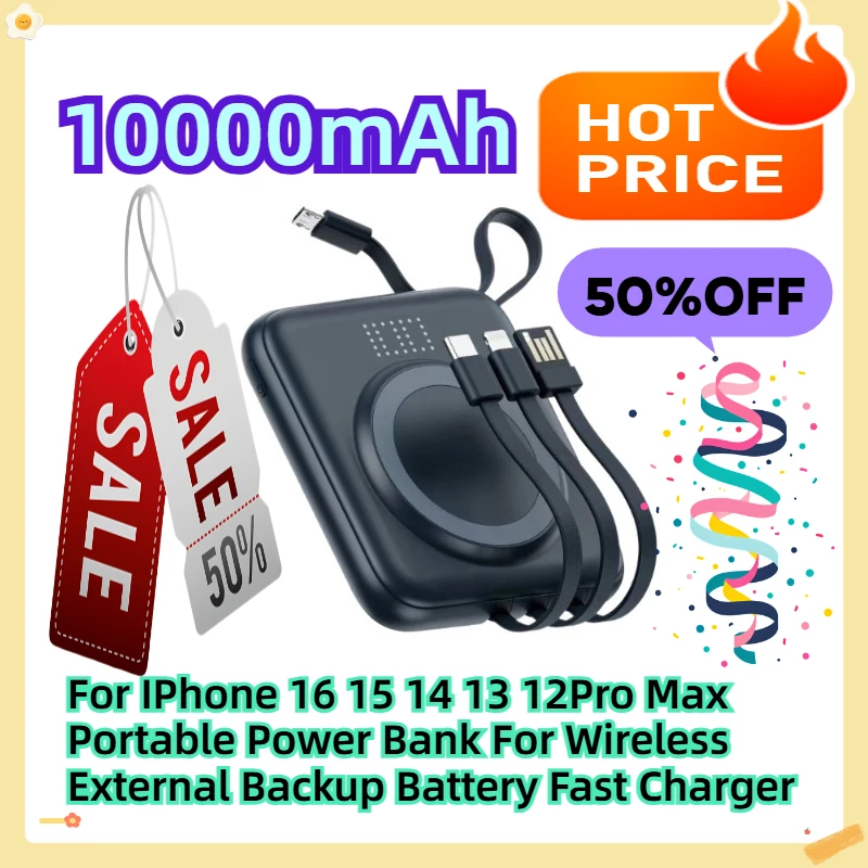 

10000mAh For IPhone 16 15 14 13 12Pro Max Portable Power Bank For Wireless External Backup Battery Fast Charger