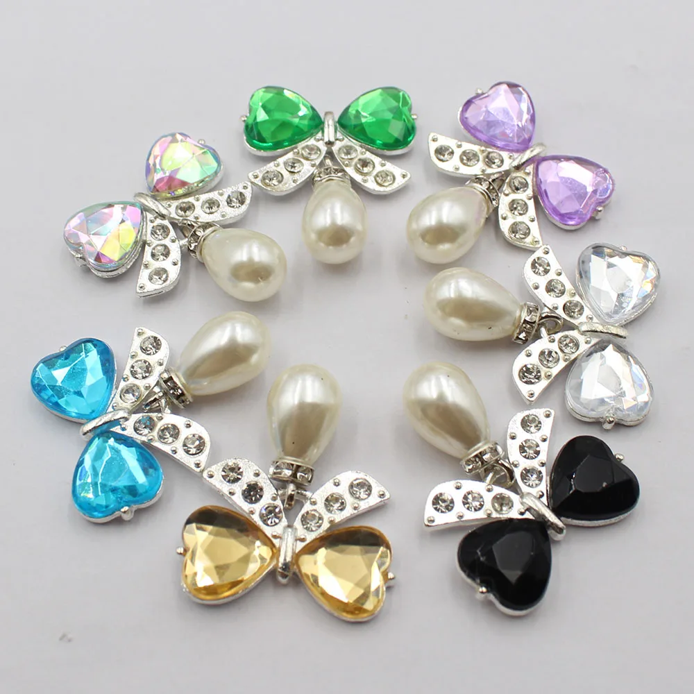 Direct sales of 5 pieces/set silver alloy diamond studded bow, water droplet pearl material DIY hat, earring, necklace, fashiona view 4