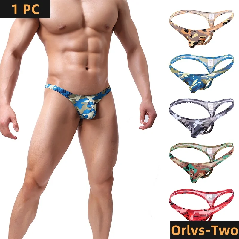 Men Camouflage Sexy G-String Bulge Pouch Panties Briefs Gay Men Low Waist Breathable Thong Underwear Sissy Underpants Quick Dry