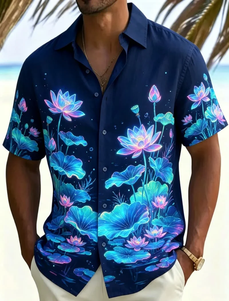 

Men's Neon Tropical Floral Printed Short Sleeved shirt, With A Lively And Bright style, For Beach Vacations And Daily Wear