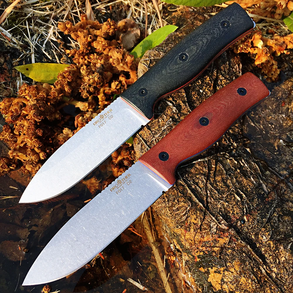 Cuchillo Brother F017 Bushcarft D2, cuchillos de caza, lavado de piedra, empuñaduras Micarta, hoja fija afilada, cuchillo de pesca al aire libre