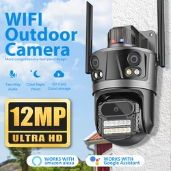 Caméra de surveillance extérieure PTZ IP triple IP WiFi 6K, 12 mégapFête els, suivi automatique, vidéo de sécurité, alarmes à lumière rouge et bleue