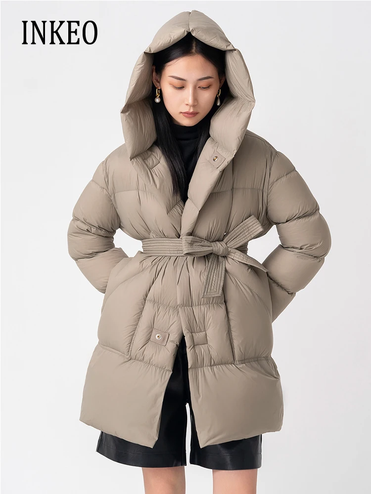 Winter Warm Women 90% White duck down jacket with sashes Long sleeve Hooded puffer coat Solid color Casual Outwear INKEO 3O128