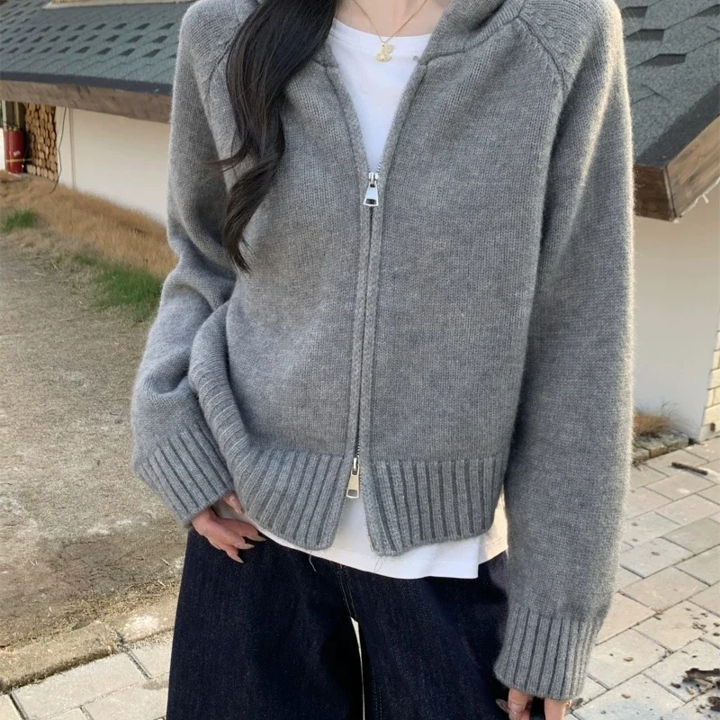 2025 New Fashion Long Sleeved Hooded Cardigan Sweater Women Autumn and Winter Double Zipper Knitted Solid Color Straight Coat