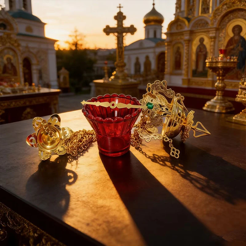 Gold Plated Catholic Orthodox Hanging Censer with Filigree Carvings and Emerald Green Gem for Church Home Altar Devotion Gift