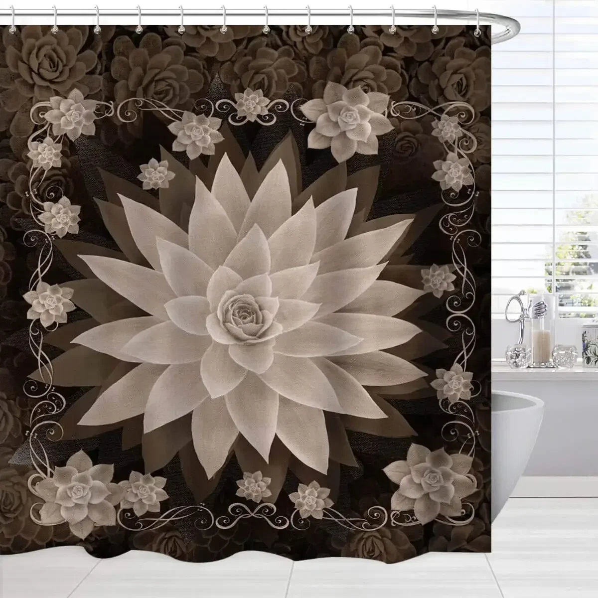 Lotus Shower Curtain Black＆White Flower Magic Elegant Floral on Black Background Modern Simple Unique Art Women Bathroom Curtain