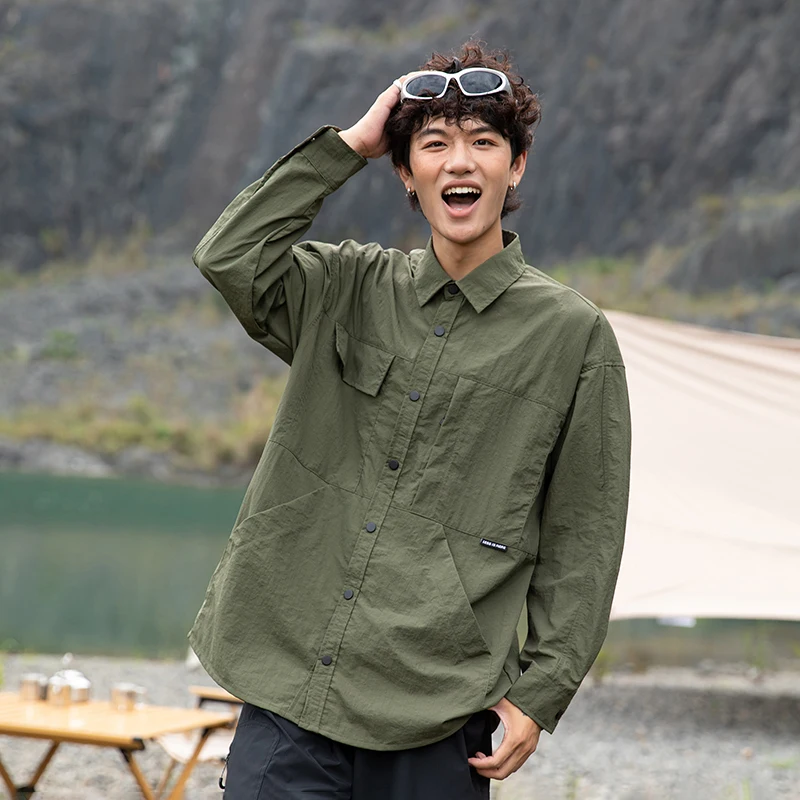 Men's Outdoor Hiking Water Resistant Long Sleeve Shirt Jacket Male Quick Dry Lightweight Breathable Workwear Button Down Shirts