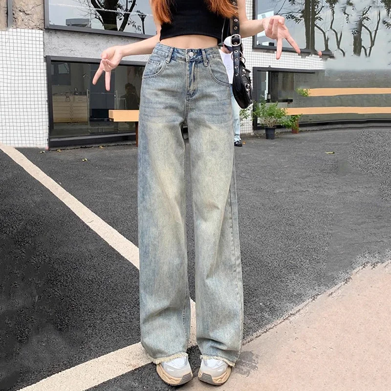 

Женские модные повседневные джинсы с высокой талией, женские винтажные прямые джинсовые брюки с необработанными краями, женские корейские мешковатые повседневные брюки