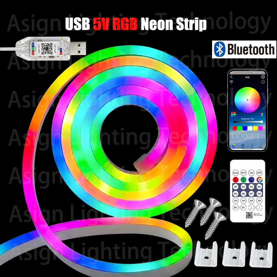 Smart RGB LED Neon Strip 1m/2m/3m/5m/10m USB Bluetooth App Remote Control Music Sync Color Changing IP65 Waterproof for Room