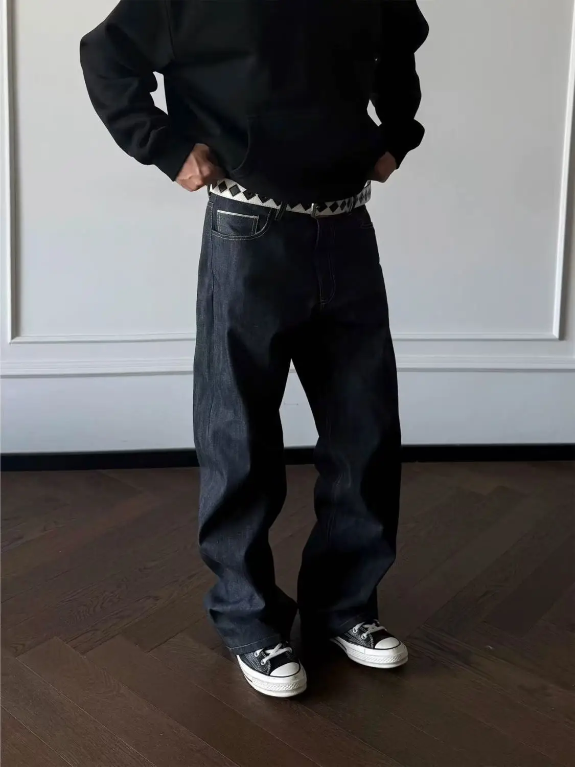 Men's Solid Color Wide Leg Jeans Street Casual Pant Spring High Waisted Sweatpants Boy Bottoms Male Vintage Trousers