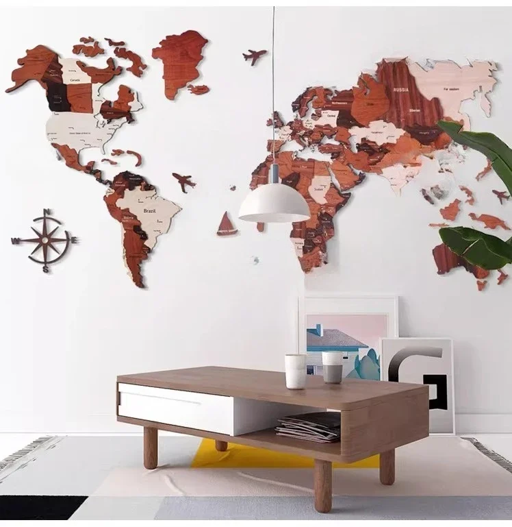Solid wood world map travel living room background wall large decorative painting