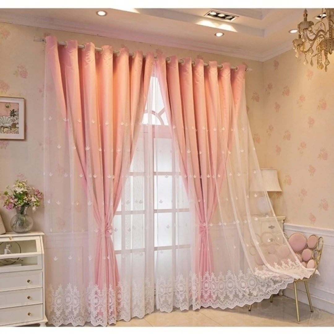 Curtain shading cloth yarn integrated double bay window living room bedroom pastoral simple embroidered yarn curtain new