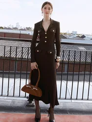 Stretch Slim knit dress temperament elegant metal buttons decorated V-neck long-sleeved women's dresses 2025 spring new